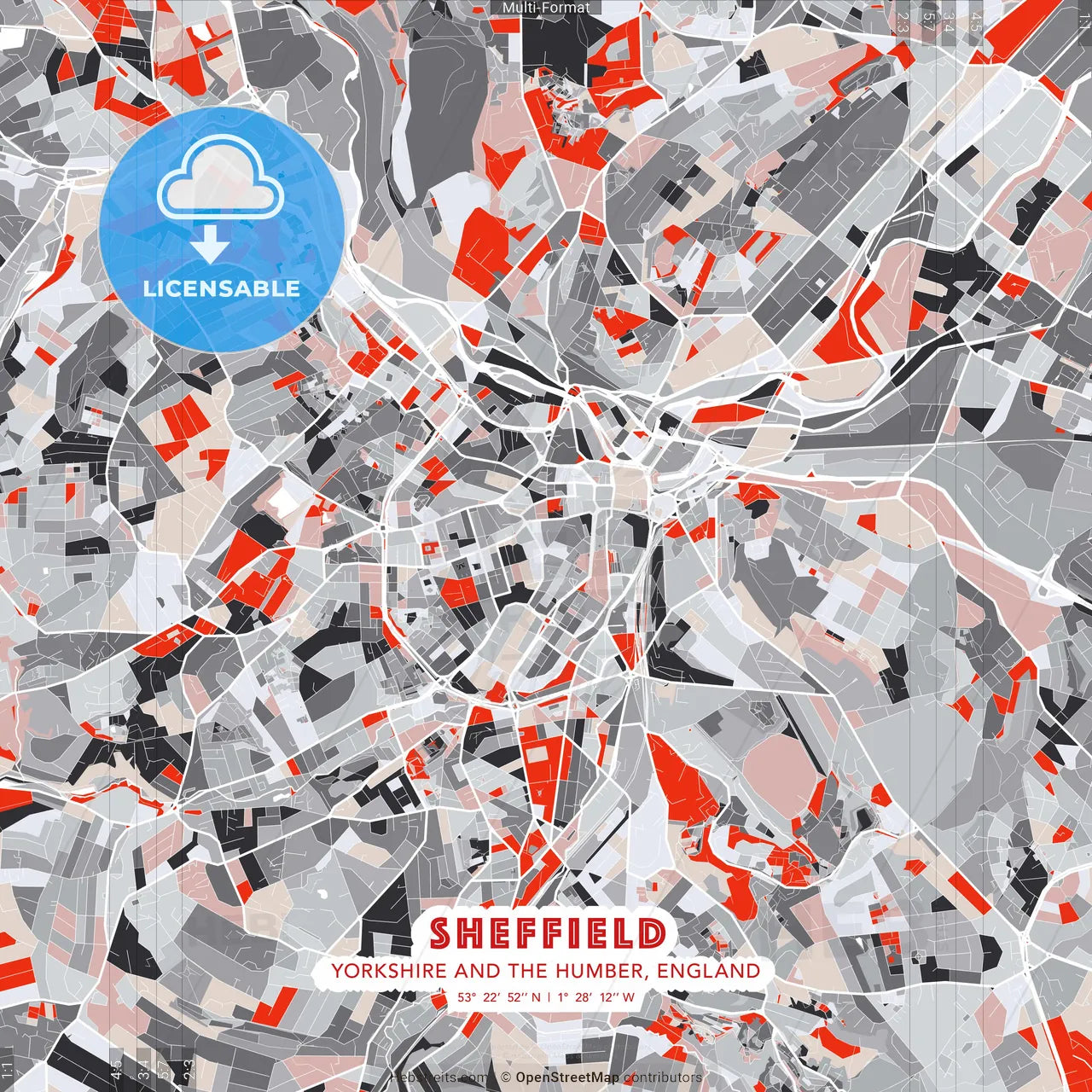Sheffield, Yorkshire and the Humber, England - modern street map poster template with gray and red tones