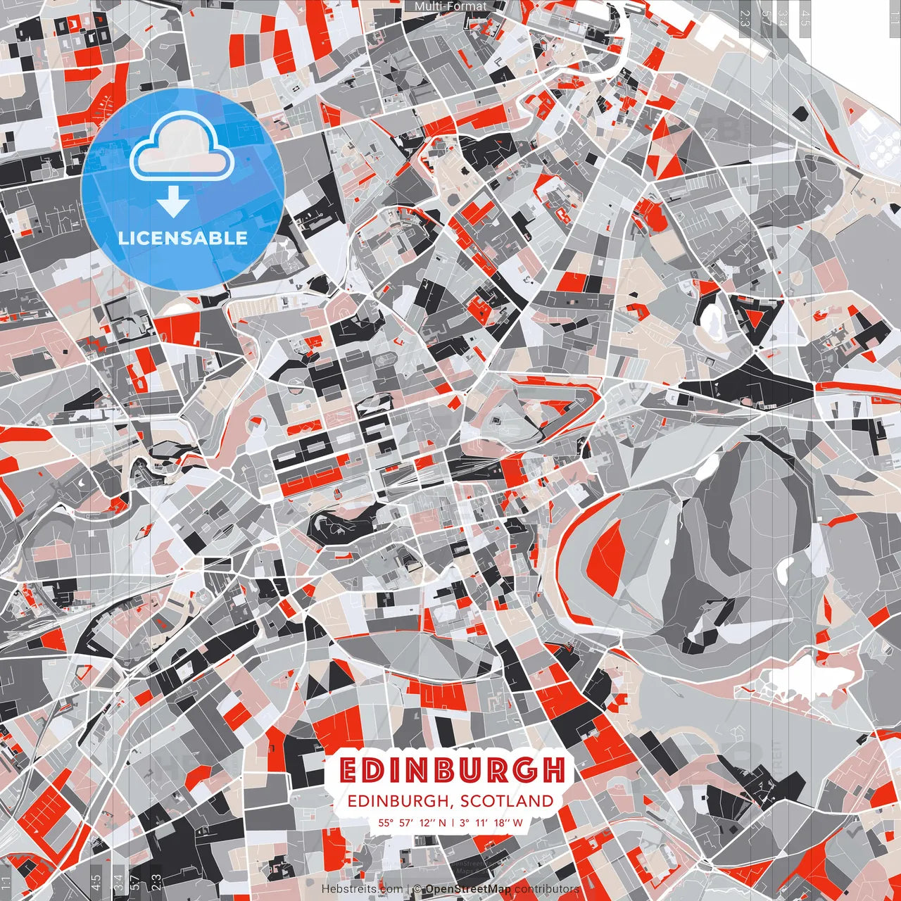Edinburgh, Edinburgh, Scotland - modern street map poster template with gray and red tones