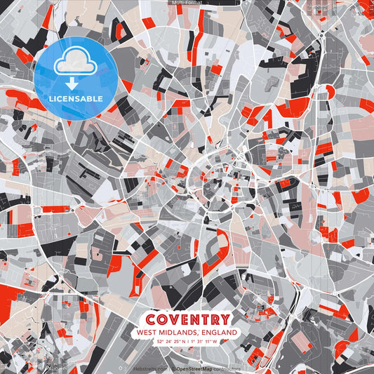 Coventry, West Midlands, England - modern street map poster template with gray and red tones