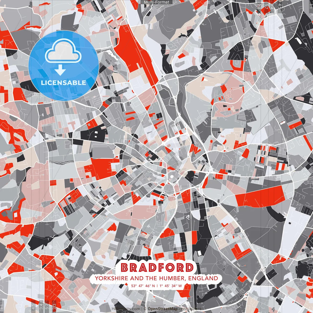 Bradford, Yorkshire and the Humber, England - modern street map poster template with gray and red tones