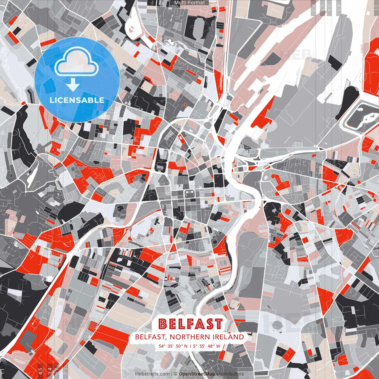 Belfast, Belfast, Northern Ireland - modern street map poster template with gray and red tones