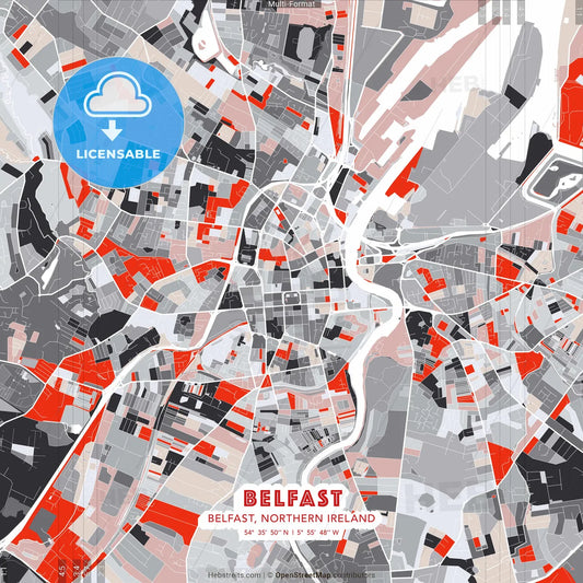 Belfast, Belfast, Northern Ireland - modern street map poster template with gray and red tones