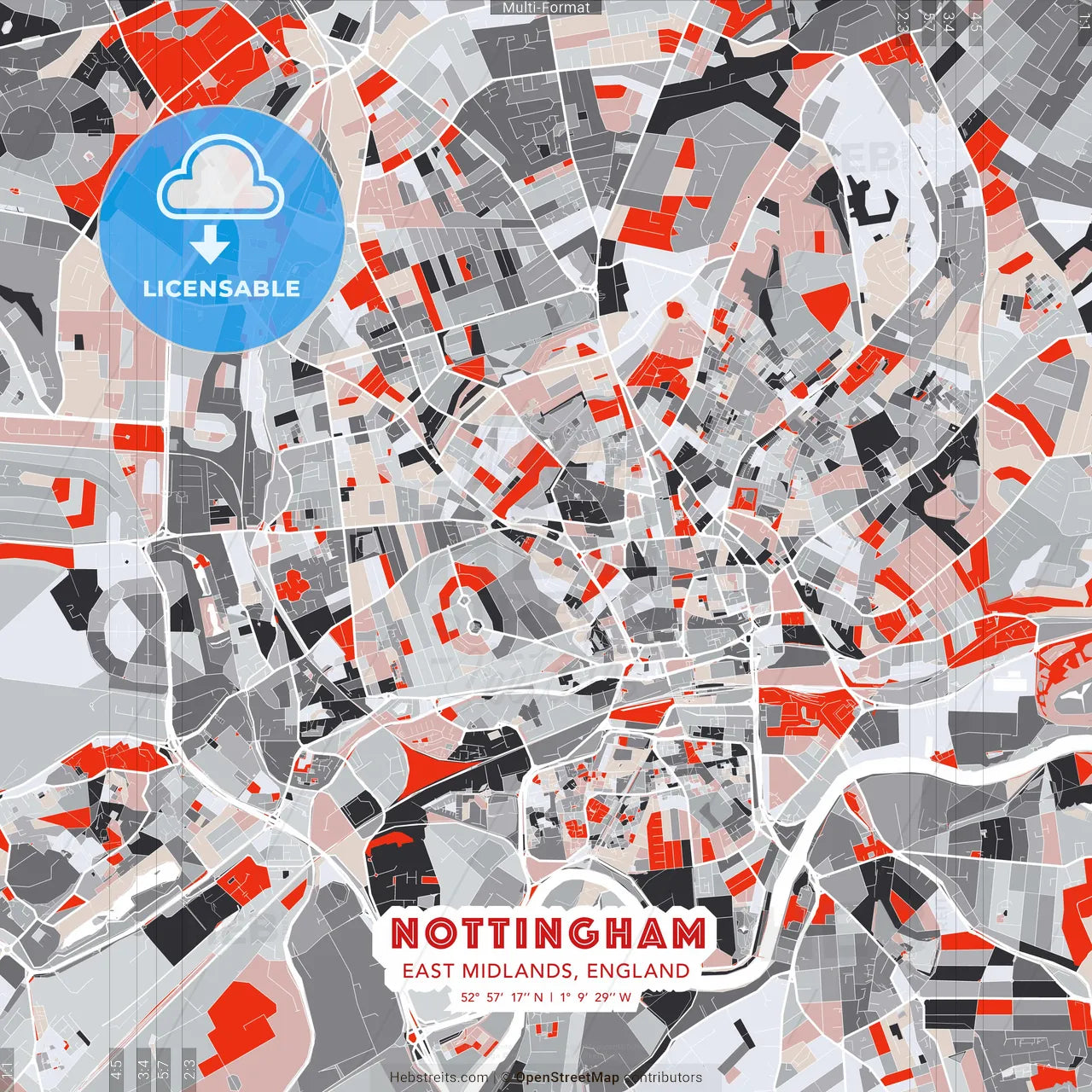 Nottingham, East Midlands, England - modern street map poster template with gray and red tones