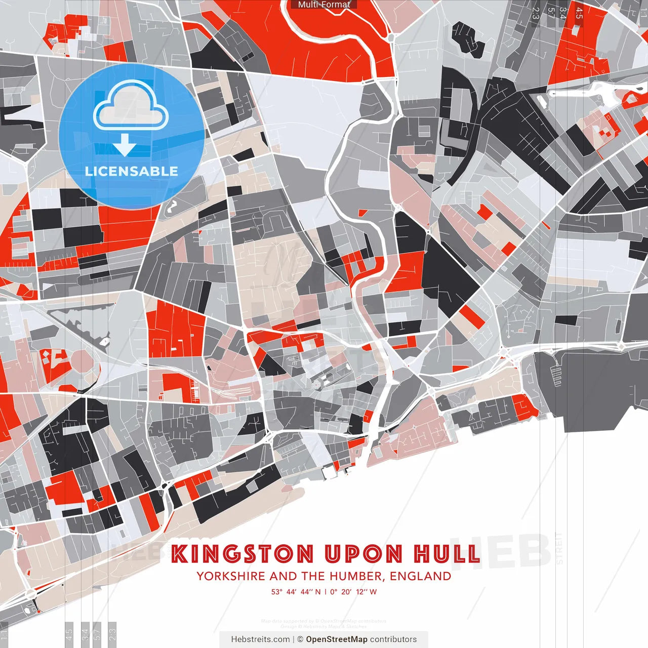 Kingston upon Hull, Yorkshire and the Humber, England - modern street map poster template with gray and red tones