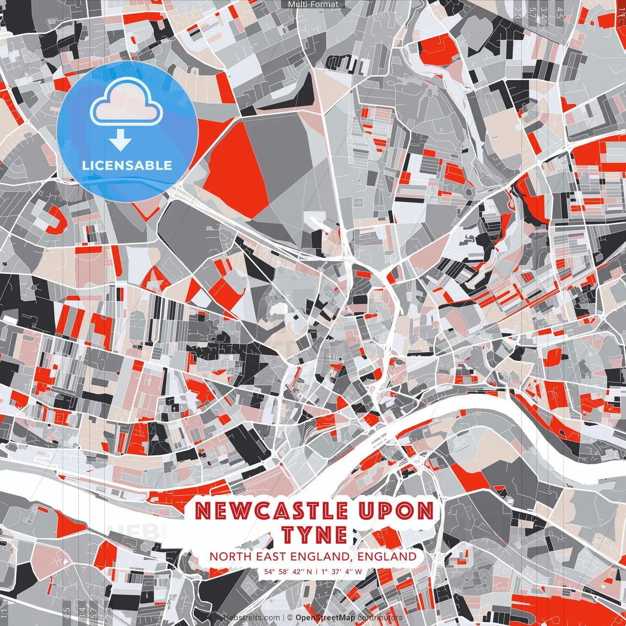 Newcastle upon Tyne, North East England, England - modern street map poster template with gray and red tones