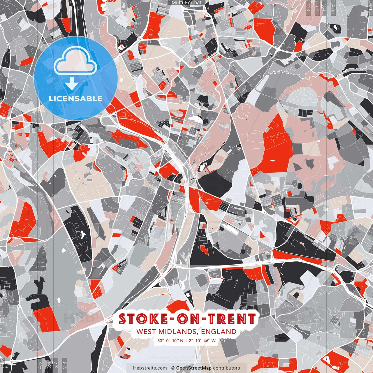 Stoke-on-Trent, West Midlands, England - modern street map poster template with gray and red tones