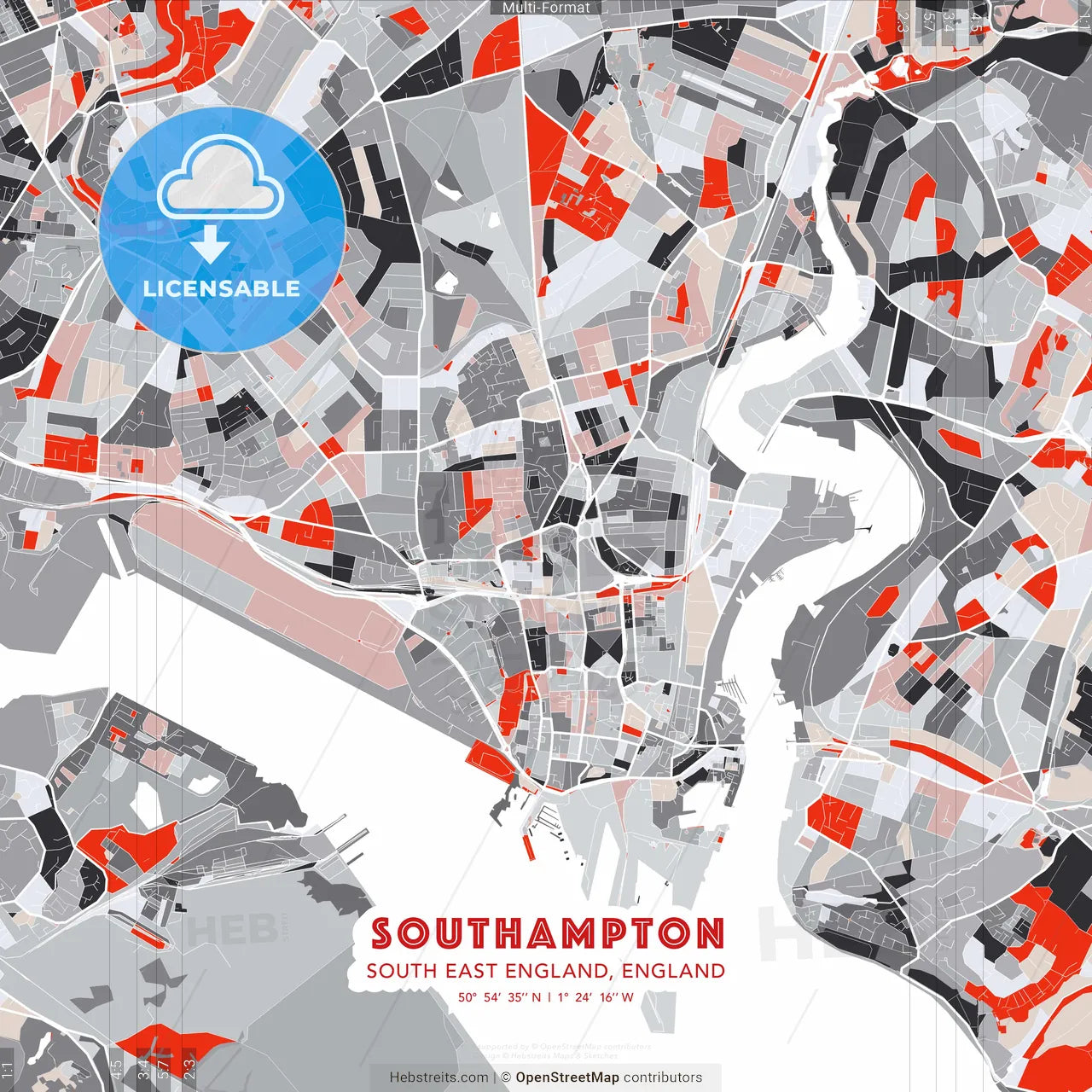 Southampton, South East England, England - modern street map poster template with gray and red tones