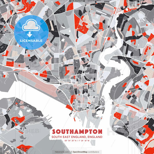 Southampton, South East England, England - modern street map poster template with gray and red tones