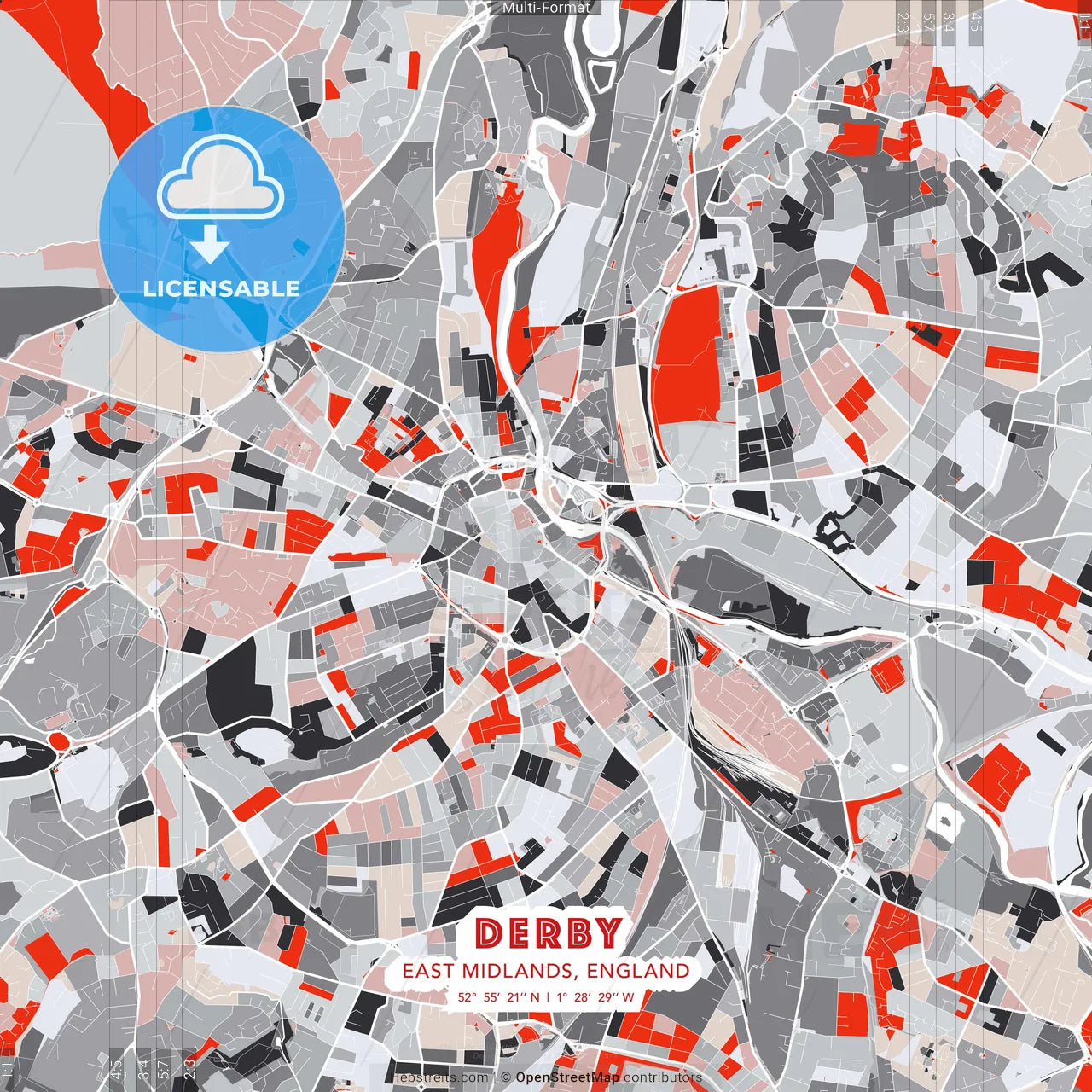 Derby, East Midlands, England - modern street map poster template with gray and red tones