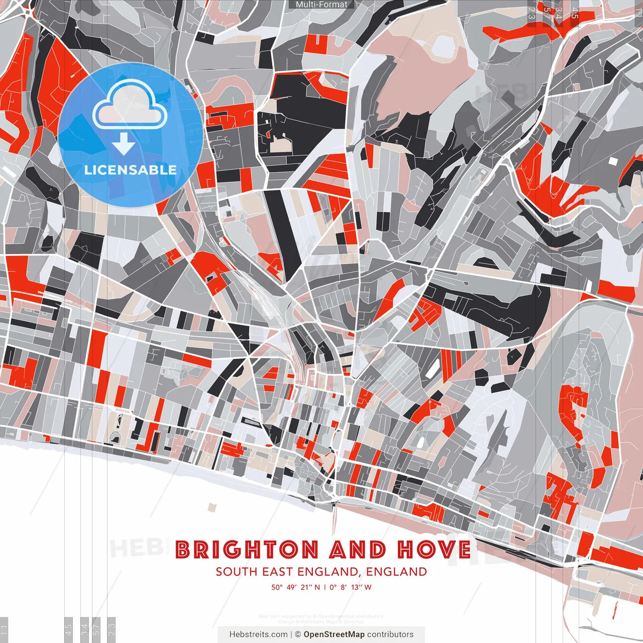 Brighton and Hove, South East England, England - modern street map poster template with gray and red tones