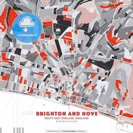 Brighton and Hove, South East England, England - modern street map poster template with gray and red tones