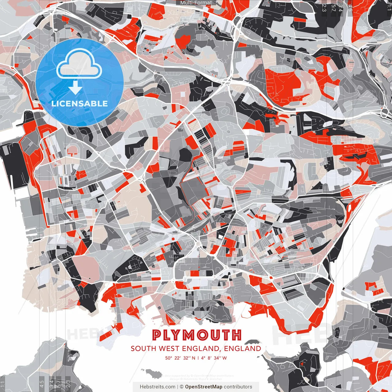 Plymouth, South West England, England - modern street map poster template with gray and red tones