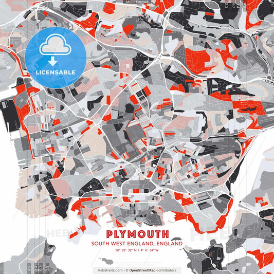 Plymouth, South West England, England - modern street map poster template with gray and red tones
