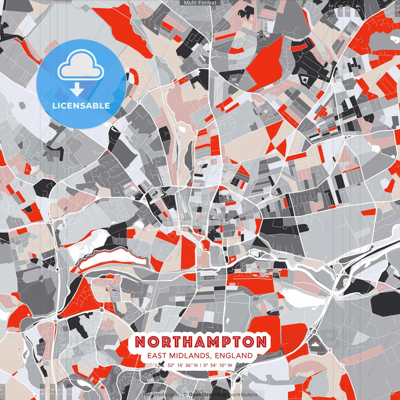 Northampton, East Midlands, England - modern street map poster template with gray and red tones