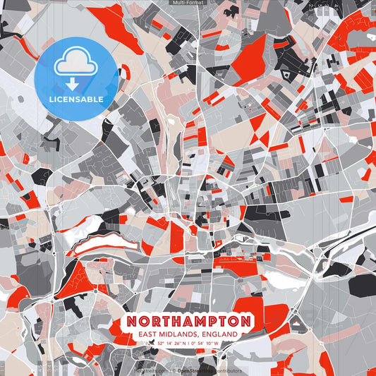 Northampton, East Midlands, England - modern street map poster template with gray and red tones