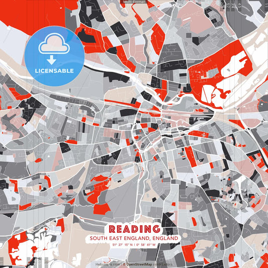 Reading, South East England, England - modern street map poster template with gray and red tones