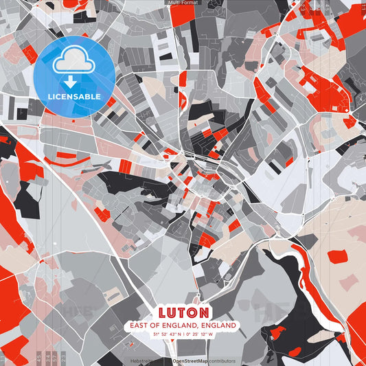 Luton, East of England, England - modern street map poster template with gray and red tones