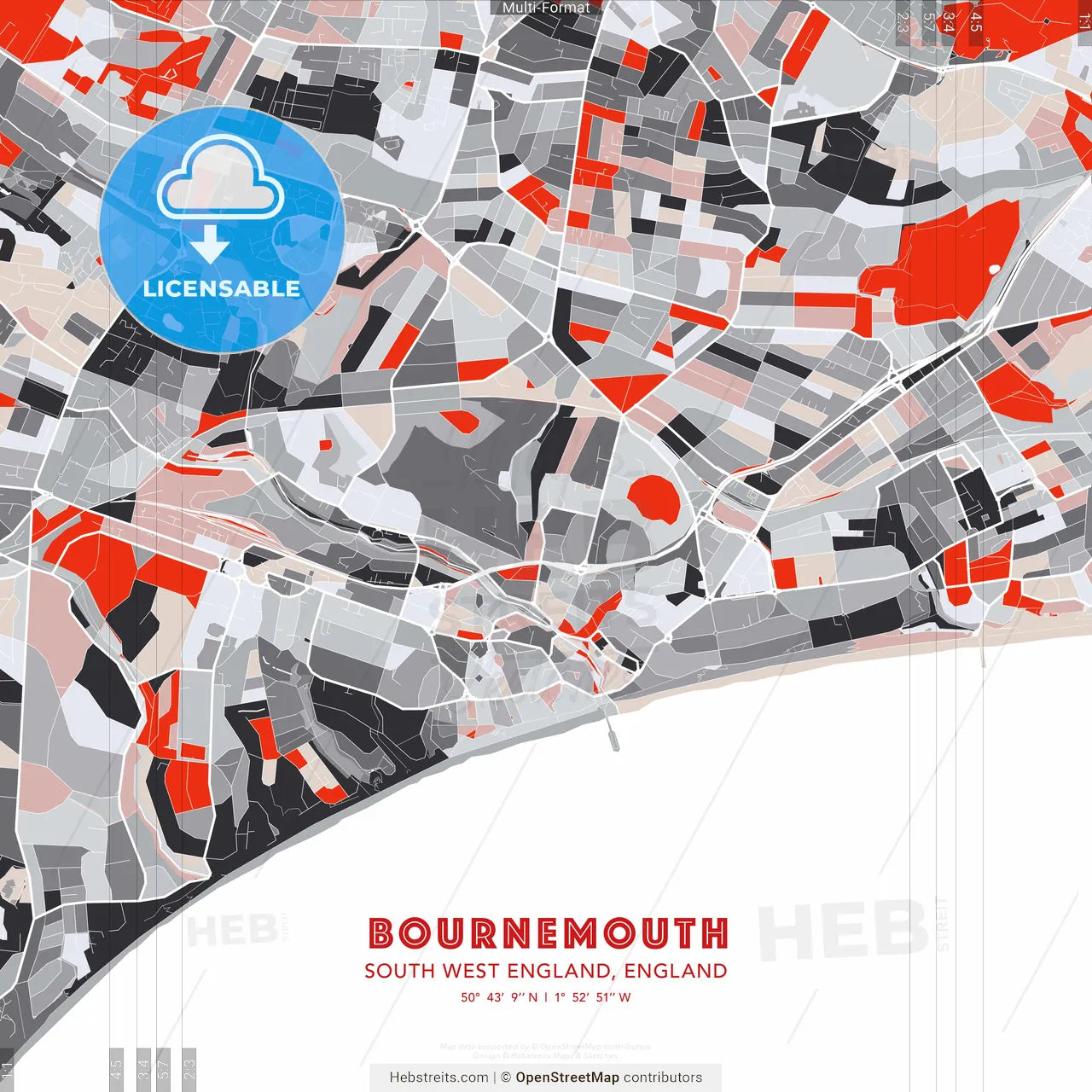 Bournemouth, South West England, England - modern street map poster template with gray and red tones
