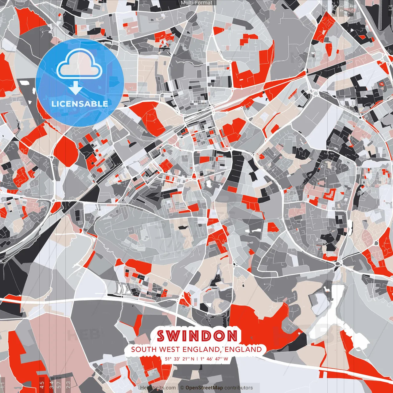 Swindon, South West England, England - modern street map poster template with gray and red tones