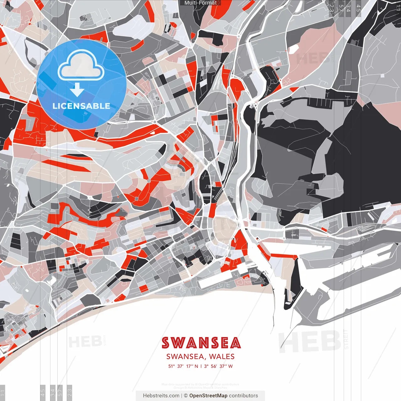 Swansea, Swansea, Wales - modern street map poster template with gray and red tones