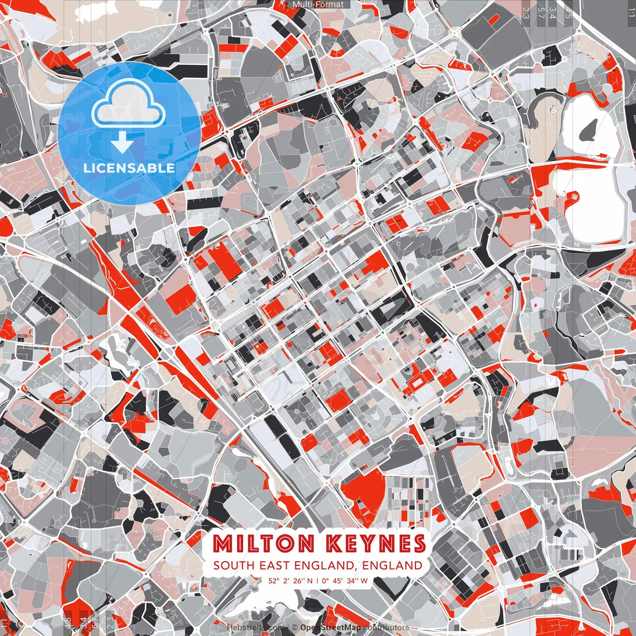 Milton Keynes, South East England, England - modern street map poster template with gray and red tones