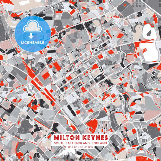 Milton Keynes, South East England, England - modern street map poster template with gray and red tones