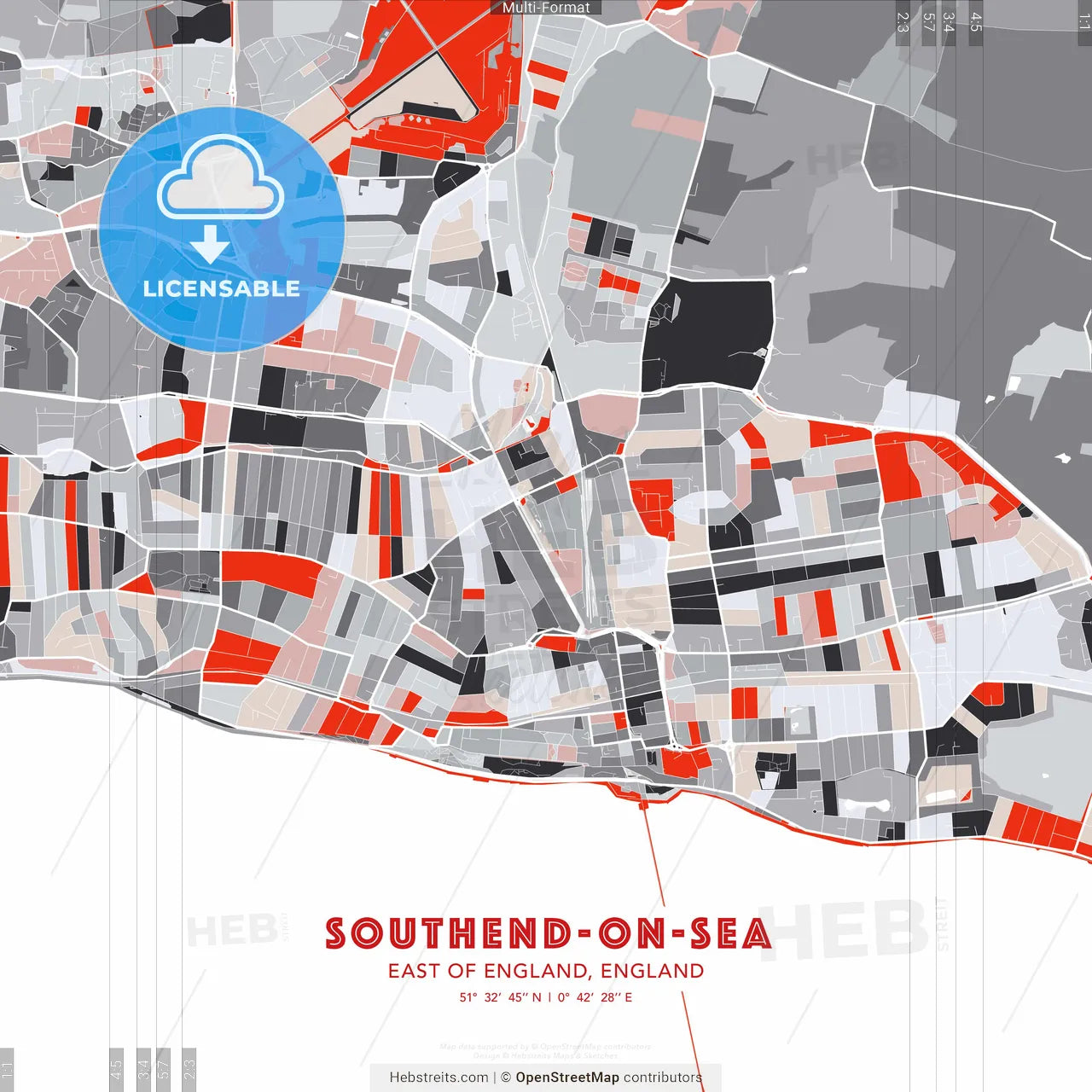 Southend-on-Sea, East of England, England - modern street map poster template with gray and red tones
