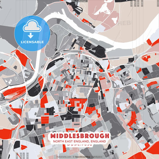 Middlesbrough, North East England, England - modern street map poster template with gray and red tones