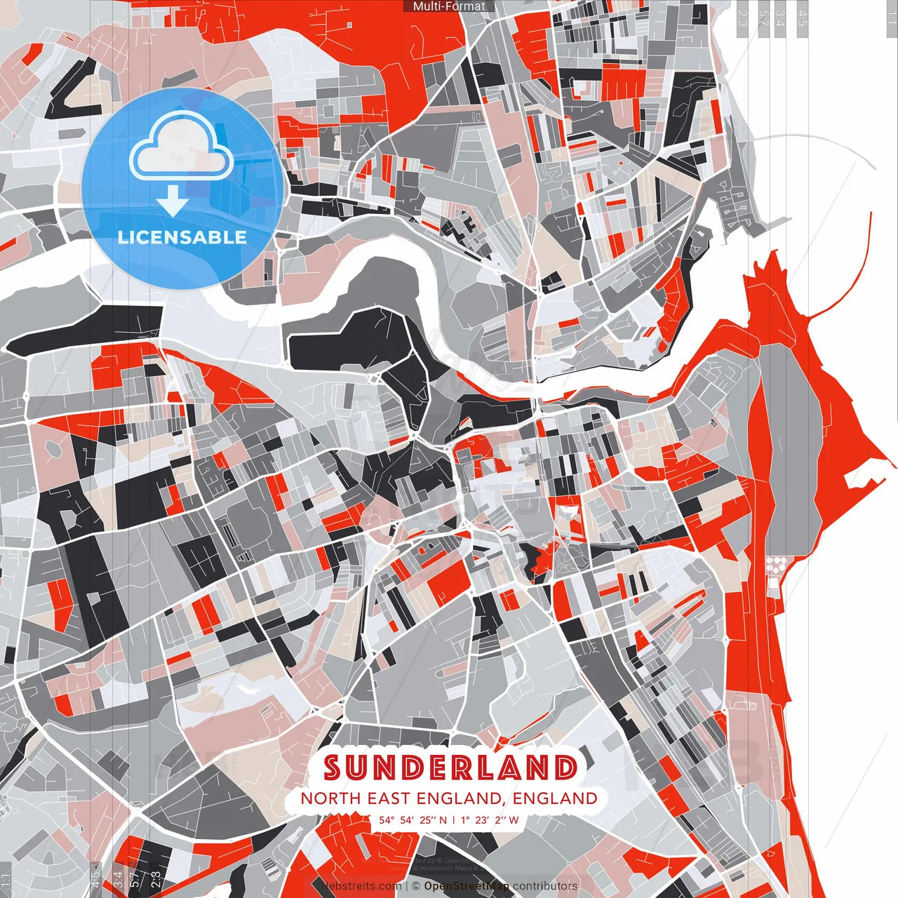 Sunderland, North East England, England - modern street map poster template with gray and red tones