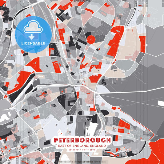 Peterborough, East of England, England - modern street map poster template with gray and red tones
