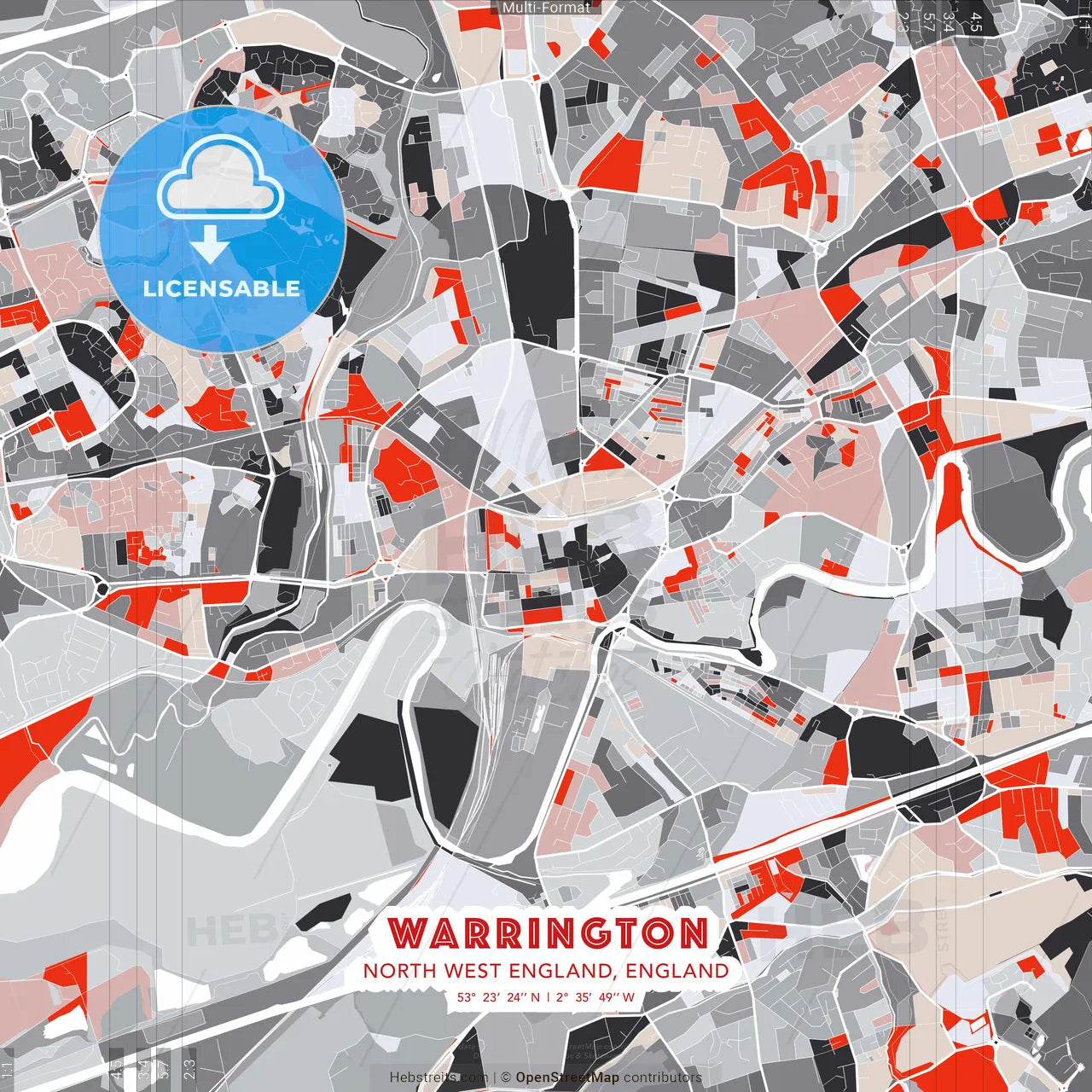 Warrington, North West England, England - modern street map poster template with gray and red tones