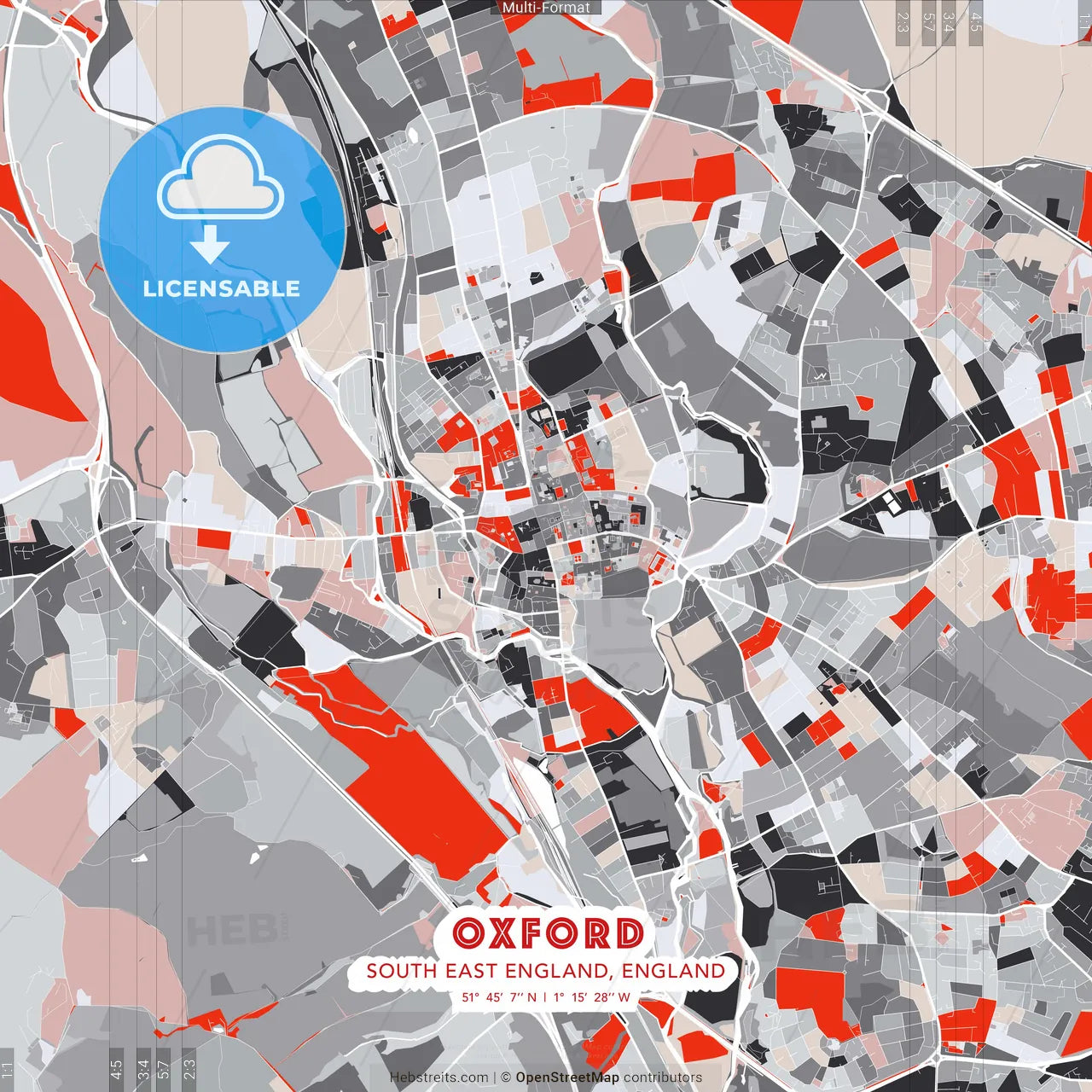 Oxford, South East England, England - modern street map poster template with gray and red tones