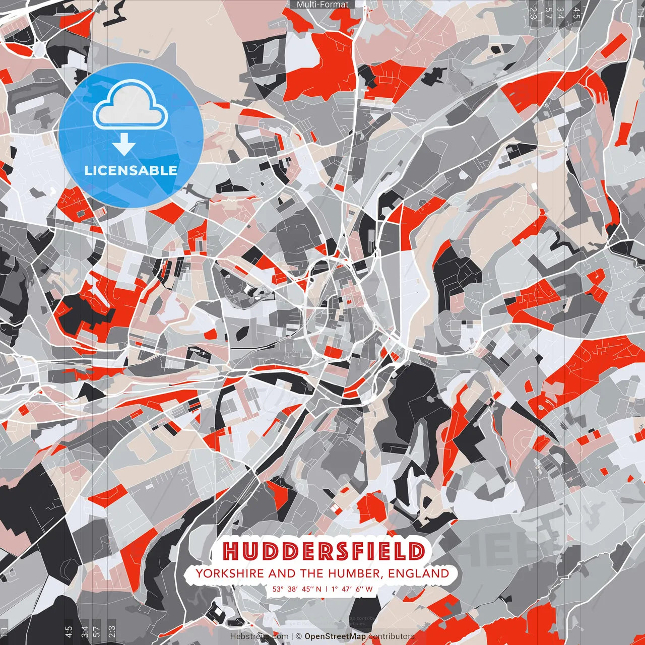 Huddersfield, Yorkshire and the Humber, England - modern street map poster template with gray and red tones
