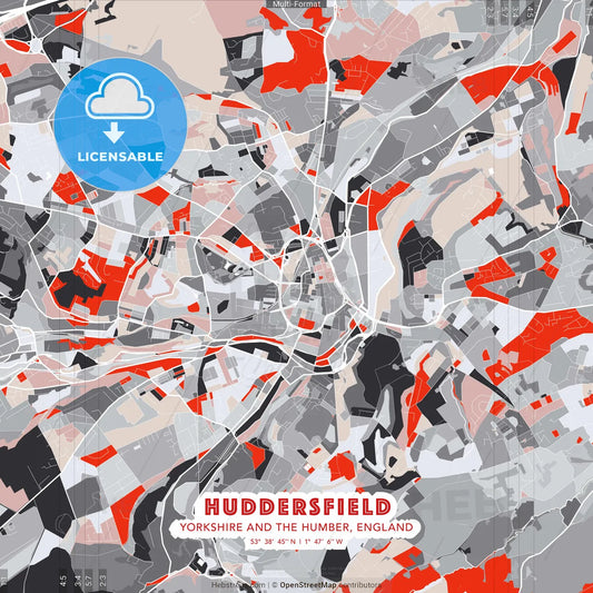 Huddersfield, Yorkshire and the Humber, England - modern street map poster template with gray and red tones