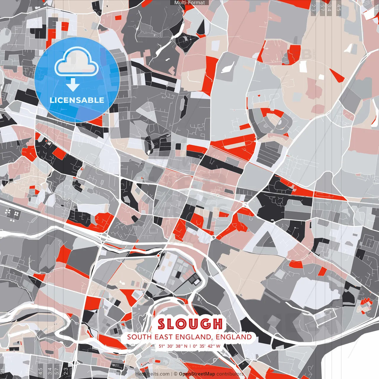 Slough, South East England, England - modern street map poster template with gray and red tones