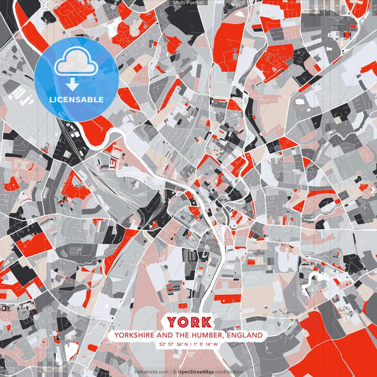 York, Yorkshire and the Humber, England - modern street map poster template with gray and red tones