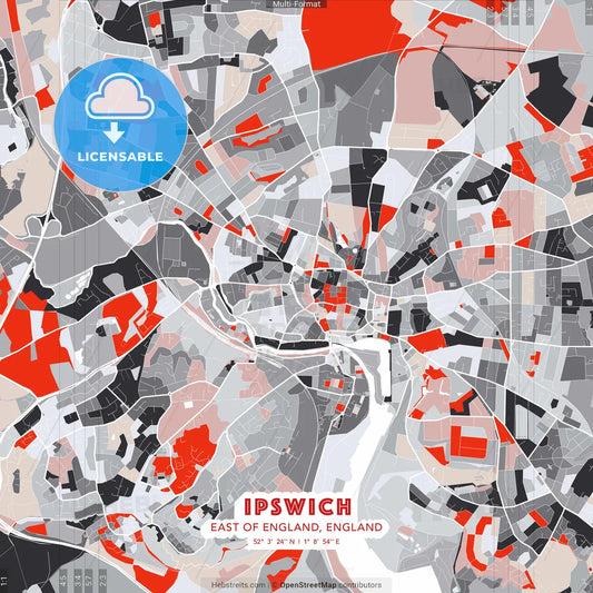 Ipswich, East of England, England - modern street map poster template with gray and red tones