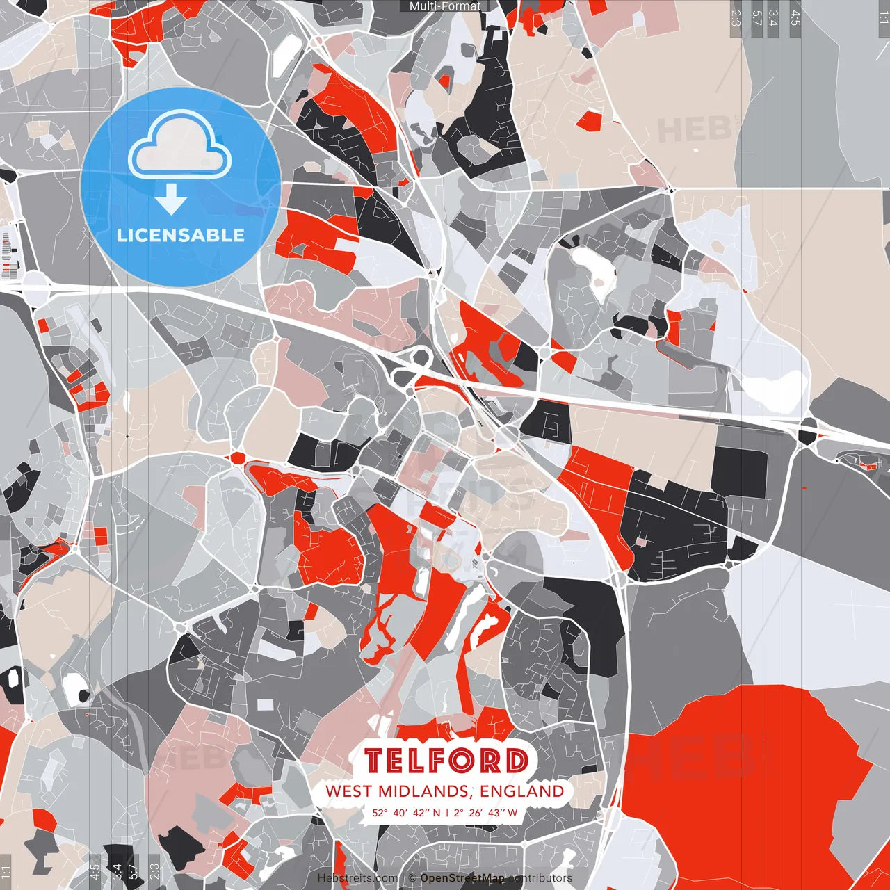 Telford, West Midlands, England - modern street map poster template with gray and red tones