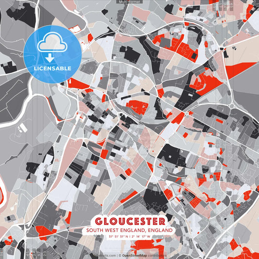 Gloucester, South West England, England - modern street map poster template with gray and red tones