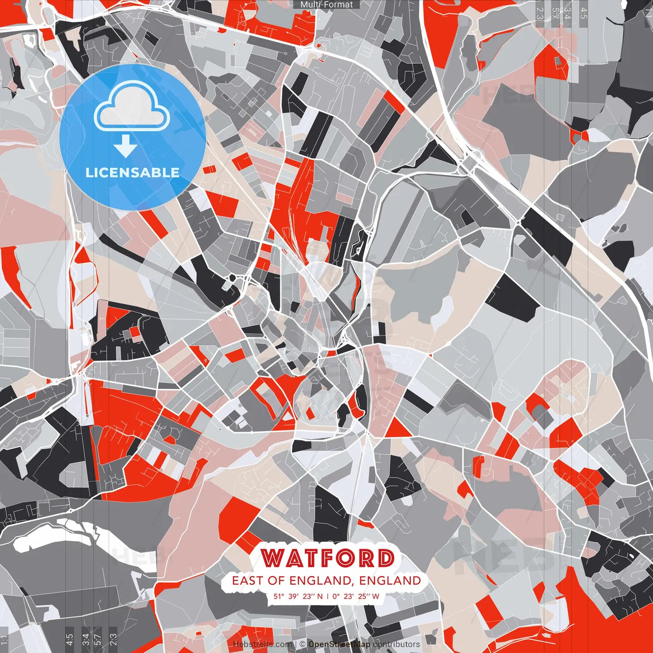 Watford, East of England, England - modern street map poster template with gray and red tones