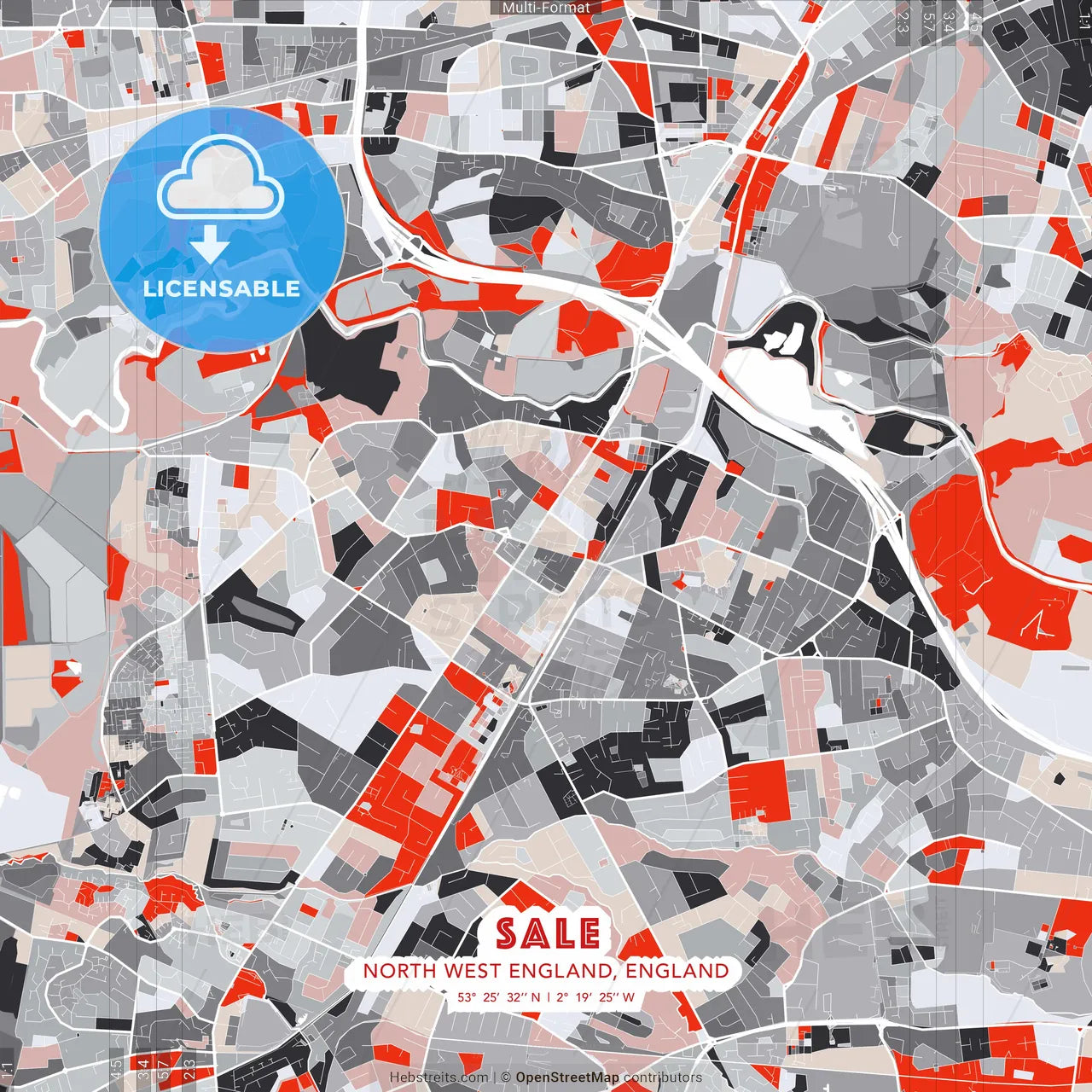 Sale, North West England, England - modern street map poster template with gray and red tones