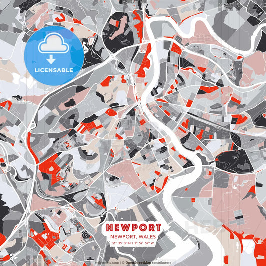 Newport, Newport, Wales - modern street map poster template with gray and red tones