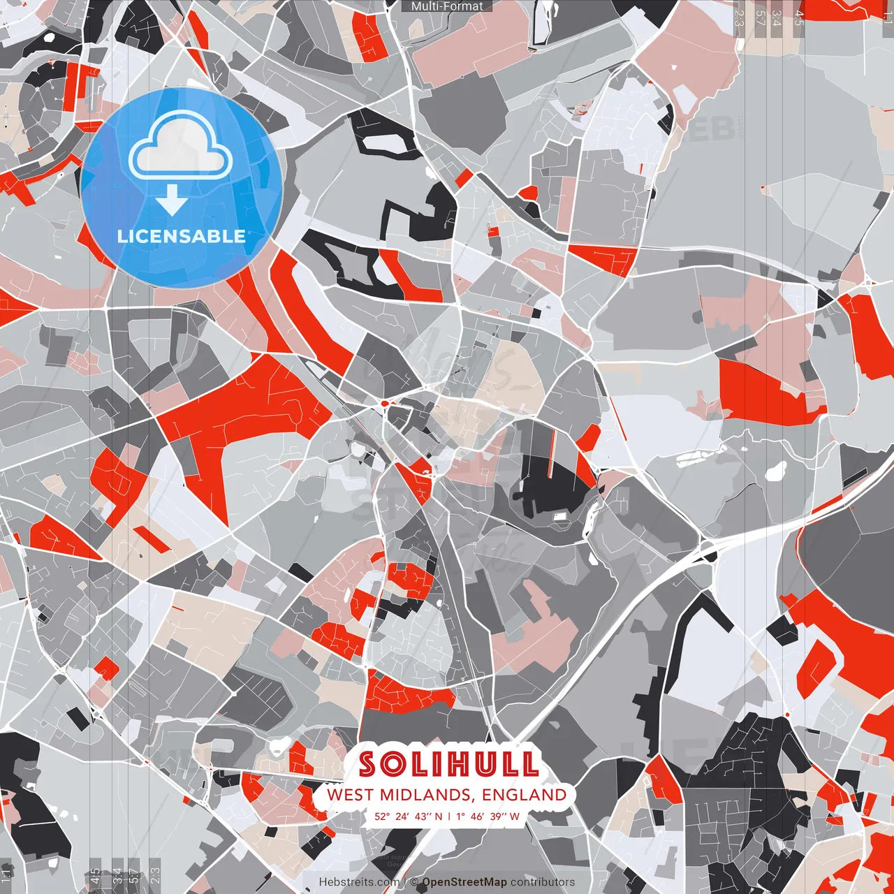 Solihull, West Midlands, England - modern street map poster template with gray and red tones