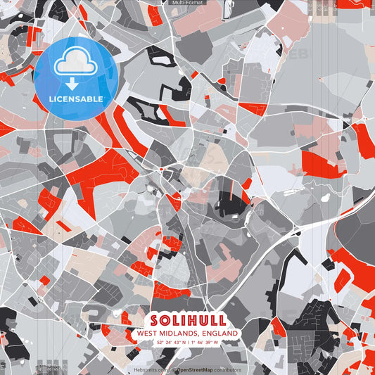 Solihull, West Midlands, England - modern street map poster template with gray and red tones