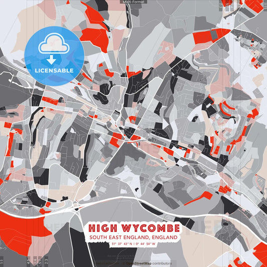 High Wycombe, South East England, England - modern street map poster template with gray and red tones