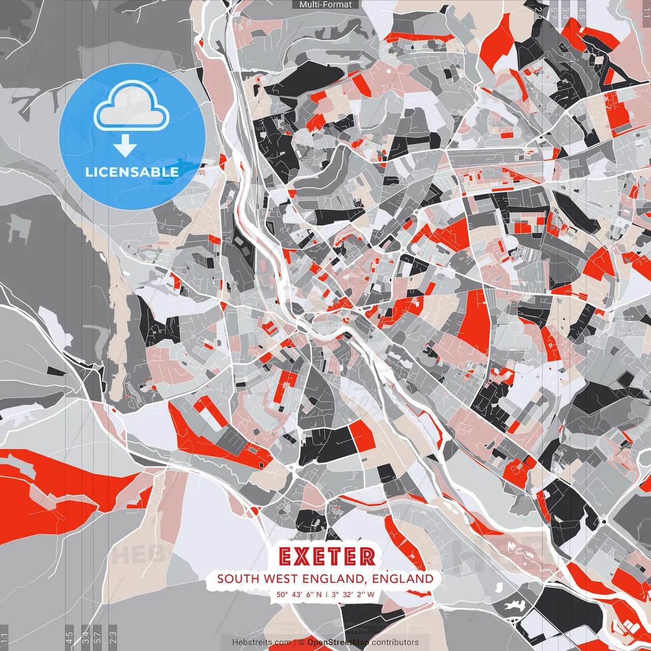 Exeter, South West England, England - modern street map poster template with gray and red tones