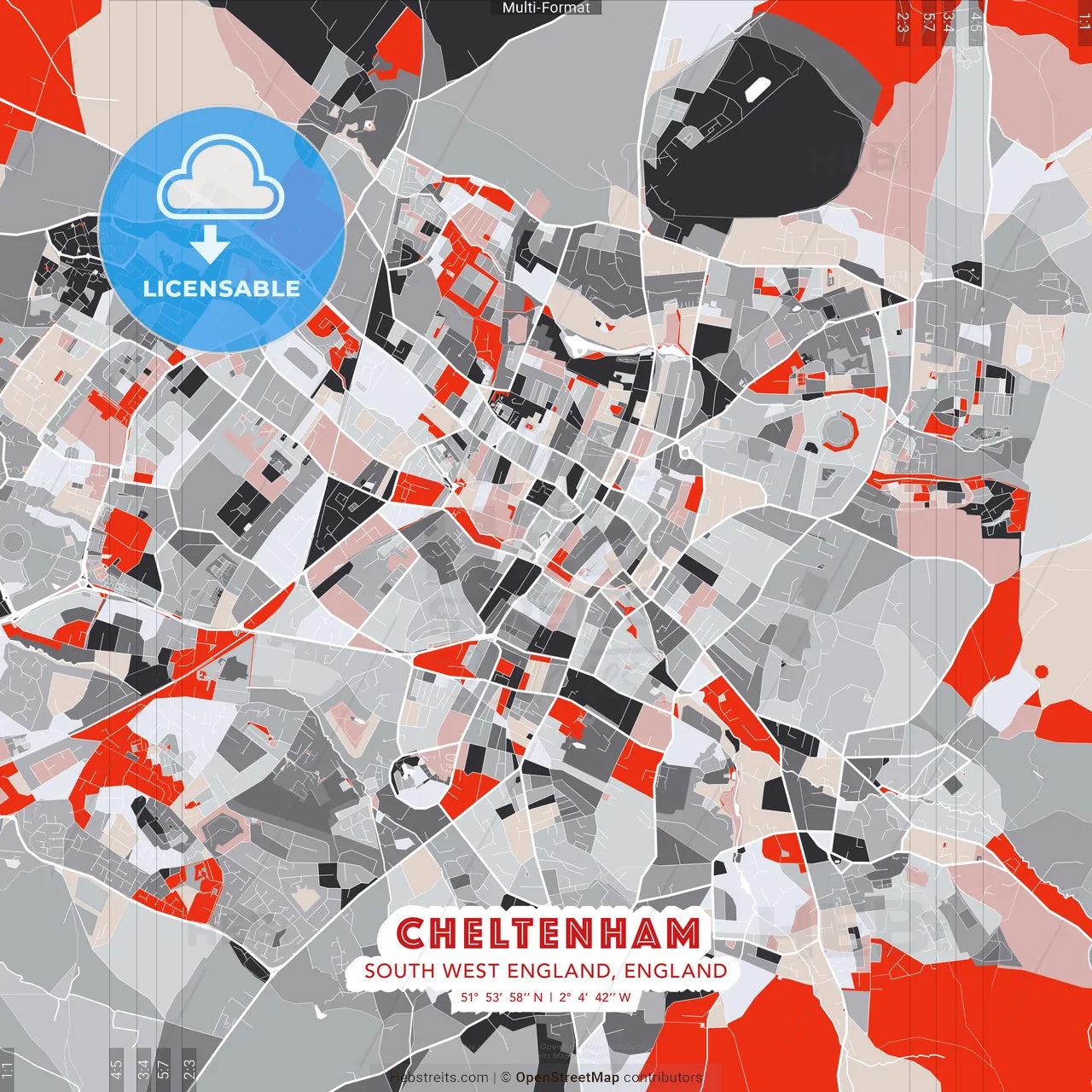 Cheltenham, South West England, England - modern street map poster template with gray and red tones