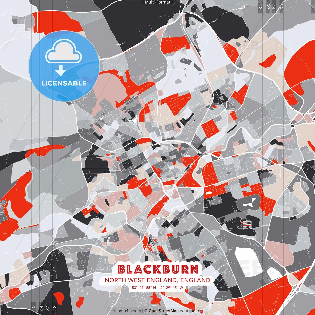 Blackburn, North West England, England - modern street map poster template with gray and red tones