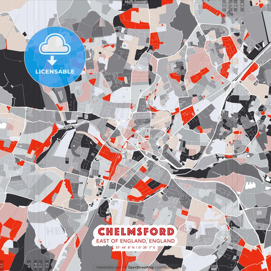 Chelmsford, East of England, England - modern street map poster template with gray and red tones