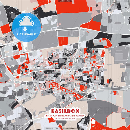 Basildon, East of England, England - modern street map poster template with gray and red tones